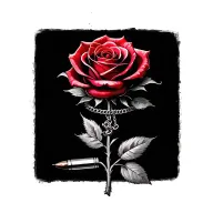 Red Rose with stem with a Choker necklace wrapped around the stem and a Bullet hanging from the choker tattoo design idea