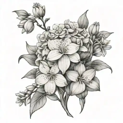 Floral composition pink hydrangea and freesia fine line tattoo design idea