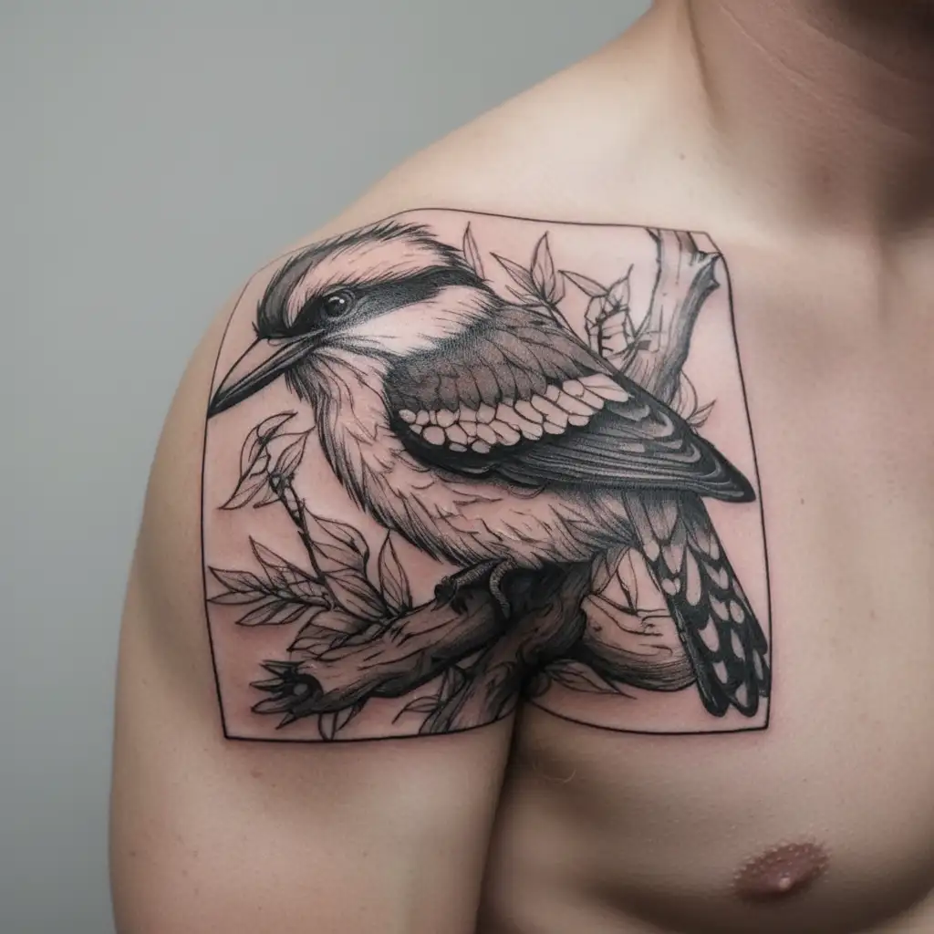 kookaburra on gum tree branch traditional black tattoo tattoo design idea