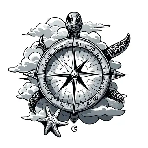 compass with clouds surrounding turtle and starfish tattoo design idea