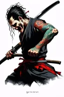 side view, undead man doing aggresive/savage death stare ready to fight with its katana tattoo design idea