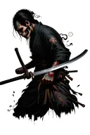 side view, undead man doing aggresive/savage death stare ready to fight with its katana tattoo design idea