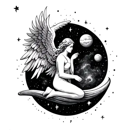 angel kneeling on moon with planets stars and nebulas tattoo design idea