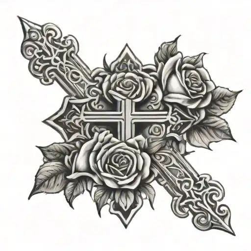 cross with roses tattoo design idea