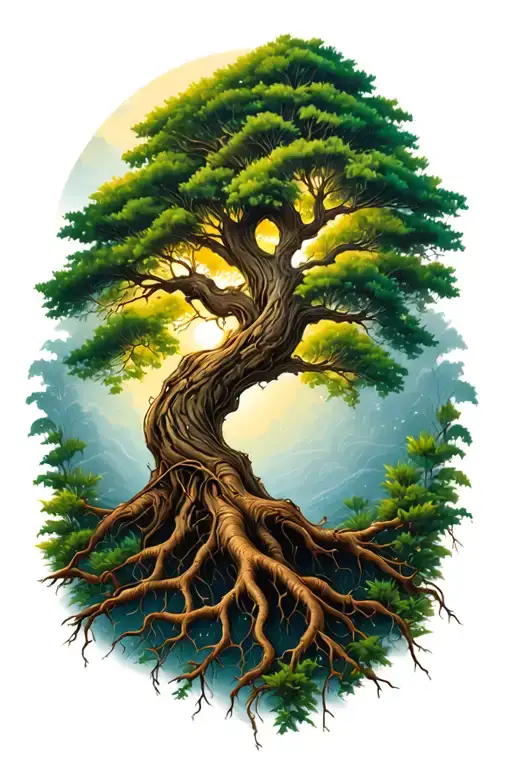 tree with winding roots tattoo design idea