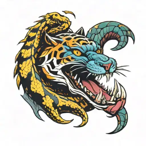 snake and tiger fighting and snake mouth open on hand  tattoo design idea