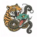 snake and tiger fighting and snake mouth open on hand  tattoo design idea