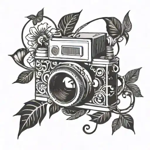 A tattoo design featuring a camera and musical notes intertwined, symbolizing your love for photography and music tattoo design idea