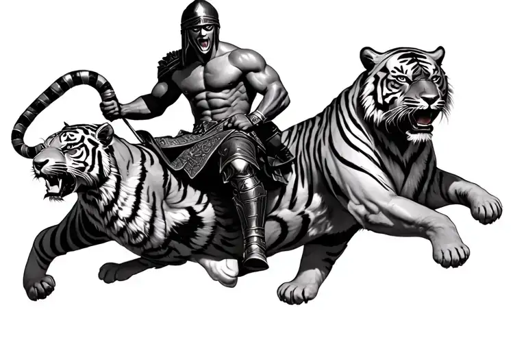riding a tiger, a spartan knight riding a tiger, bare-chested knight, black and white, shaded tattoo design idea