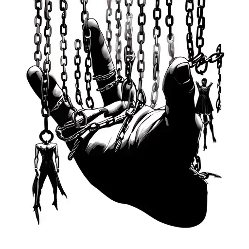 hand hovering with chains wrapped around each finger like puppet strings with people hanging from the chains tattoo design idea