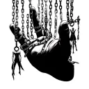 hand hovering with chains wrapped around each finger like puppet strings with people hanging from the chains tattoo design idea