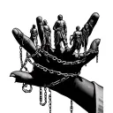 hand hovering with chains wrapped around each finger like puppet strings with people hanging from the chains tattoo design idea