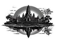 Front view of Angkor Wat, include a shining sun in the background, reflection in the water below tattoo design idea