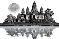 Front view of Angkor Wat, include a shining sun in the background, reflection in the water below tattoo design idea