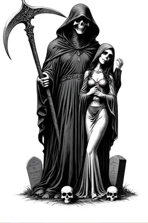 grim reaper holding a scythe protecting a smaller female grim reaper,  skulls and headstones around them tattoo design idea