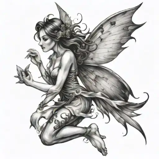 fairy with broken wings flying towards bright shining tattoo design idea