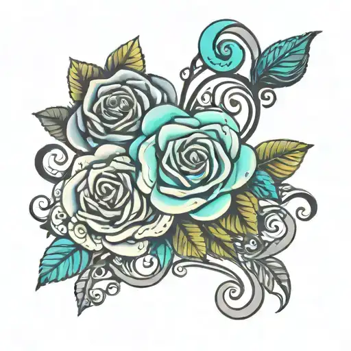 Very thin outline Tattoo infinity sign turquoise with colored flowers, roses, and green leaves, and squiggles on tattoo design idea