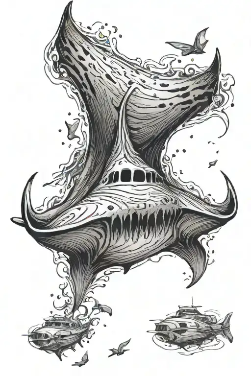 manta ray, sunken boat, underwater sea waves tattoo design idea