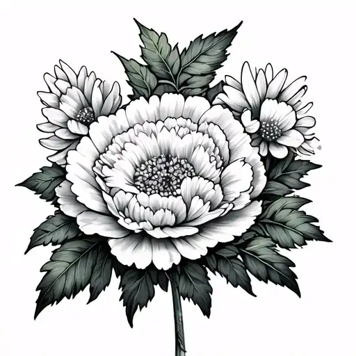 glory flower, carnation flower, aster flower, snowdrop flower, with leaves and wrap around  tattoo design idea