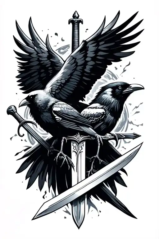 crows, sword, time, storm tattoo design idea