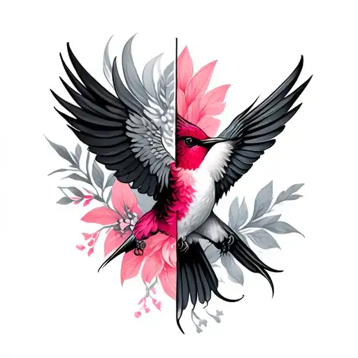 half hummingbird, and half pheonix with fuchsia  tattoo design idea