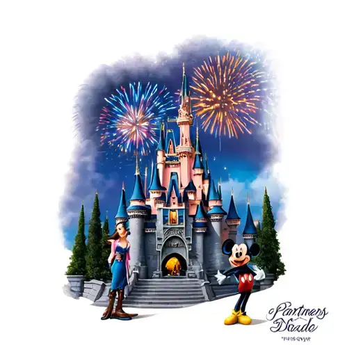 Sleeping beauty castle at night with fireworks in the sky and the walt disney and mickey "partners" statue tattoo design idea