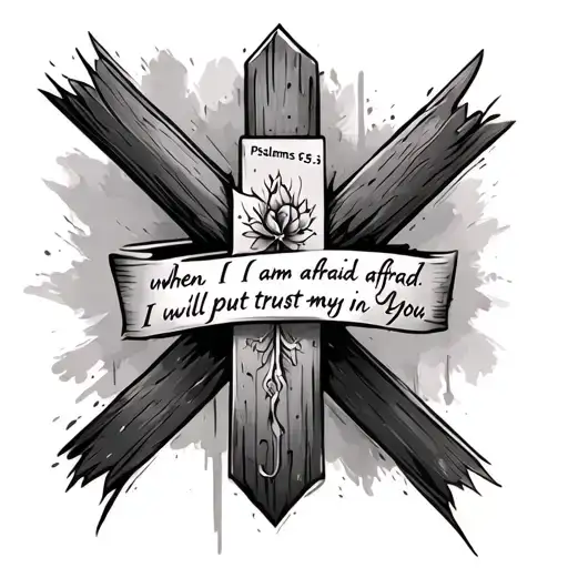 A cross in the background with Psalms 56:3 saying "when I am afraid, I will put my trust in You" overlayed on top tattoo design idea