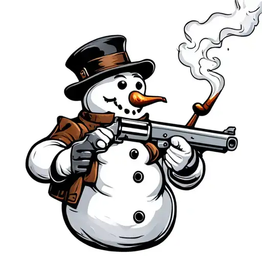 gangster frosty the snowman holding a smoking shotgun while smoking a pipe tattoo design idea