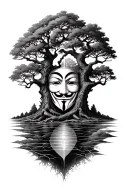 Tree of life + anonymous mask + karma + landscape tattoo design idea