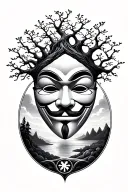 Tree of life + anonymous mask + karma + landscape tattoo design idea