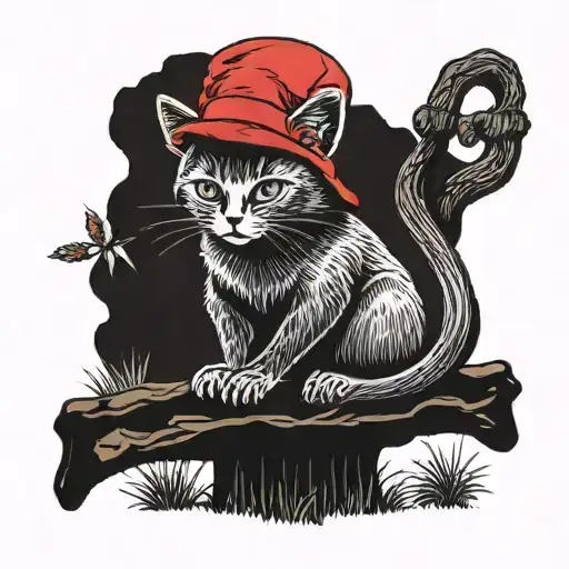 A black cat wearing a red bucket hat sitting on a toadstool in a nature setting tattoo design idea