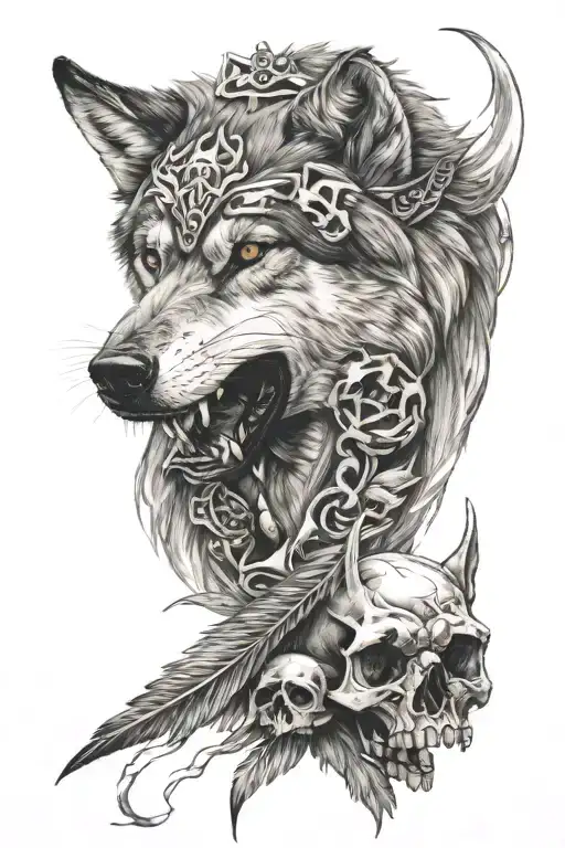 wolf and skull tattoo design idea