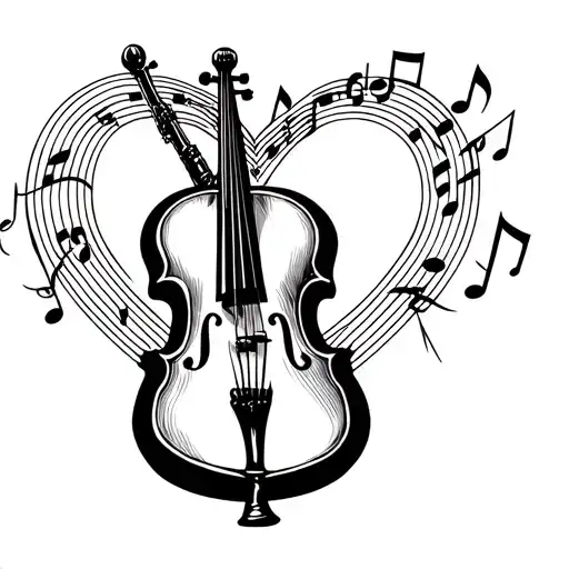 A cello and clarinet intertwined with musical notes forming a heart shape tattoo design idea