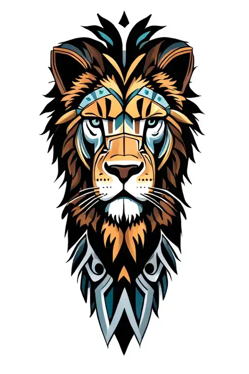 knee with geometric and Maori designs with a lion's head between them on the back of the leg. It should be a wide design tattoo design idea