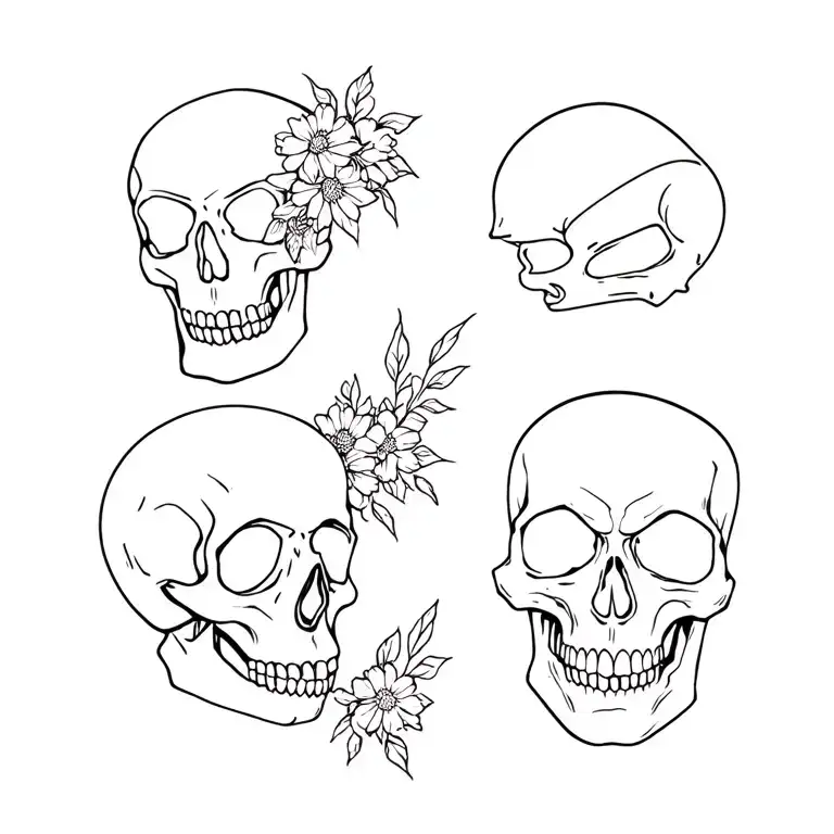 Flash tattoo sheet of 4 skulls in fine line style, black ink only. Each skull has a unique element: one with flowers, on tattoo design idea