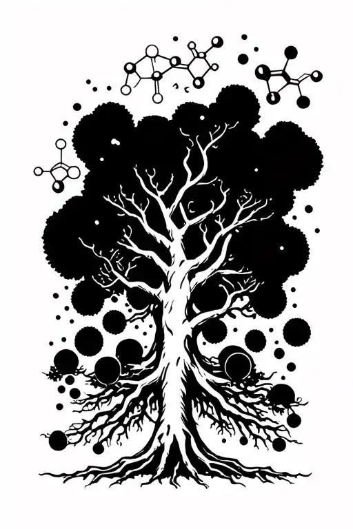 vertical microrealistic tree of life and oxitocine molecule that starts from the roots tattoo design idea