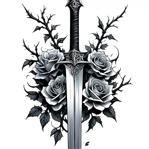 A long sword with creeping thorny roses  tattoo design idea