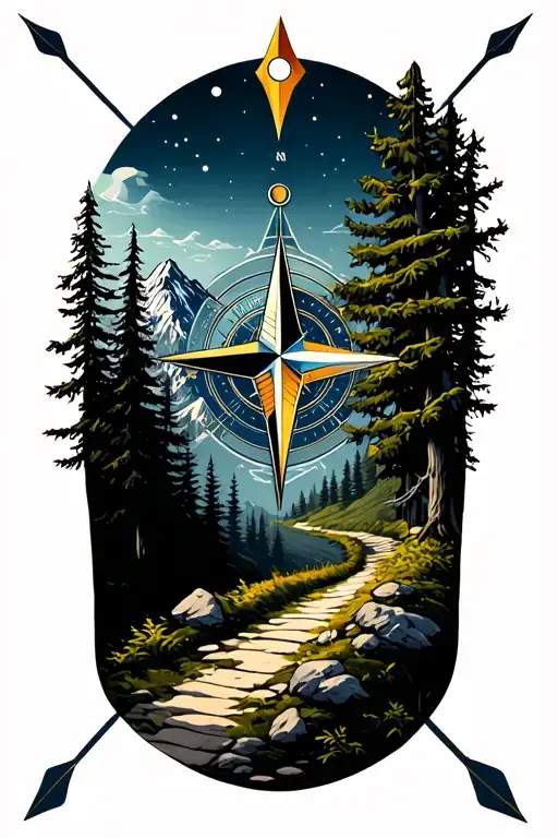 fine line arrow, mountain range, compass rose, trees, pathway tattoo design idea