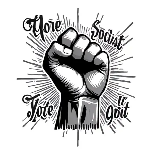 Incorporate a powerful socialist quote within a black-grey design featuring a raised fist symbol tattoo design idea