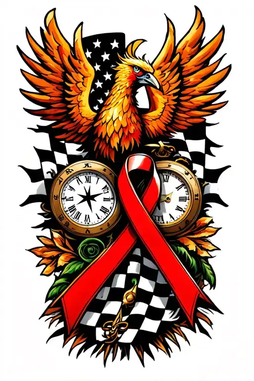 Phoenix, checker flag, compass and clock, stomache cancer ribbon tattoo design idea
