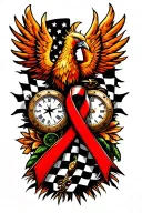 Phoenix, checker flag, compass and clock, stomache cancer ribbon tattoo design idea