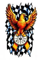 Phoenix, checker flag, compass and clock, stomache cancer ribbon tattoo design idea