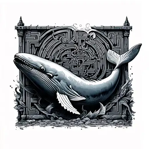labyrinth with a whale i will come out of thar stronger in a gothic style tattoo design idea