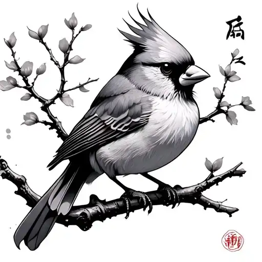 Japanese cardinal perched tattoo design idea