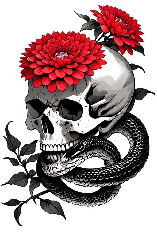 Skull, and snake with red chrysanthemum flower tattoo design idea
