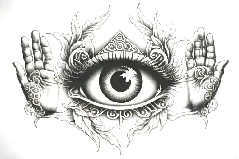 third eye heaven with praying hands tattoo design idea