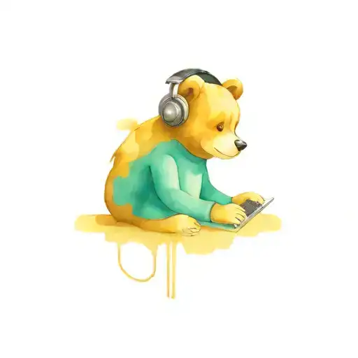 Teddy bear playing on a computer with headset tattoo design idea
