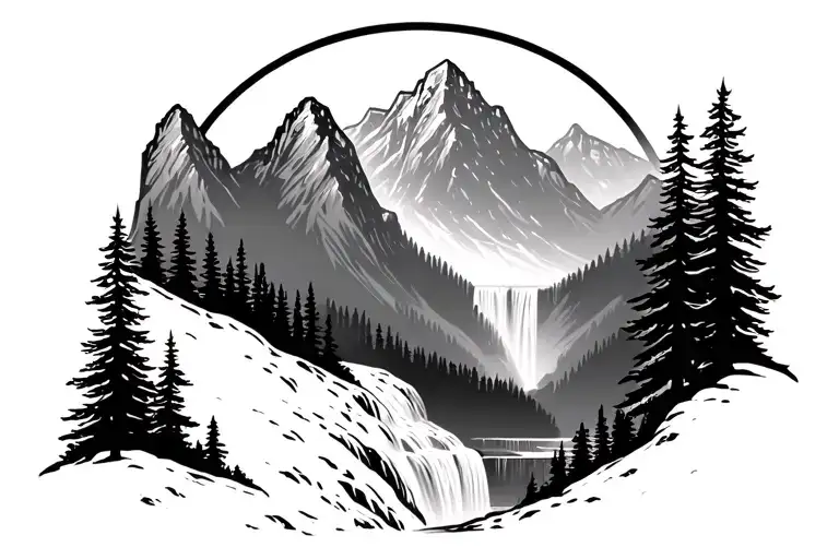 two mountains one waterfall flowing between curving to the right, pine trees in foreground tattoo design idea