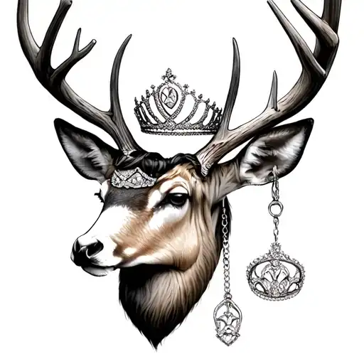 3 princess tiaras hanging on a mule deer antler tattoo design idea