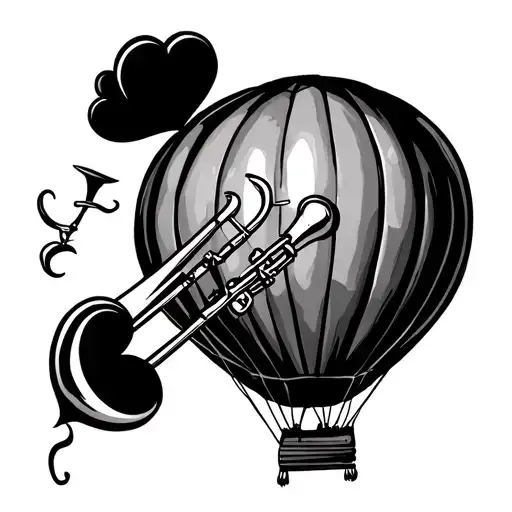 a hot air balloon with a trombone pierced with a heart and a needle with wire tattoo design idea